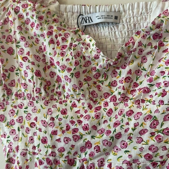 Zara Linen Blend White & Pink Floral Fit & Flare Mini Summer Dress - Picture 12 of 16